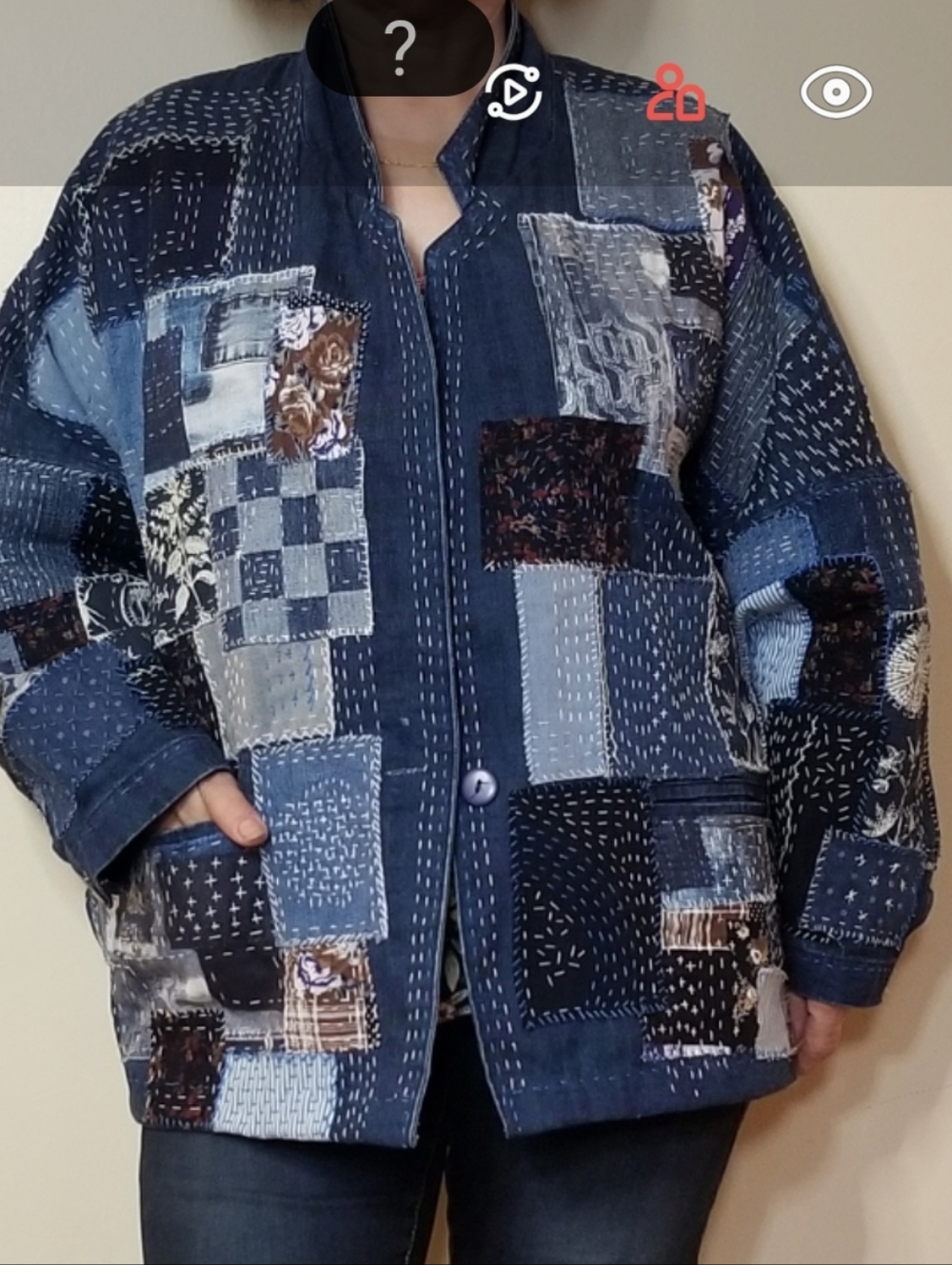 Handcrafted Patchwork & Japaneese Boro/Sashiko Quilted Jacket - Blue Size L